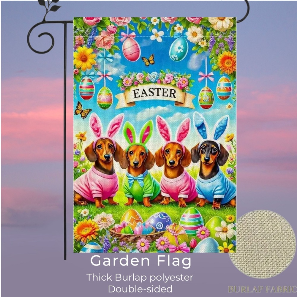 Garden Flag, 12”x18”, Easter Dotson Dogs, Burlap Polyester Doublesided